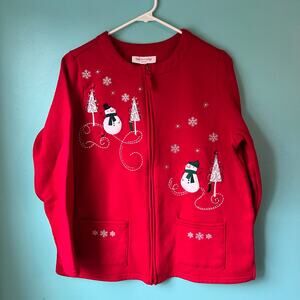 Breckenridge Embroidered Christmas Cardigan Sweater Size M - L Red with snowmen